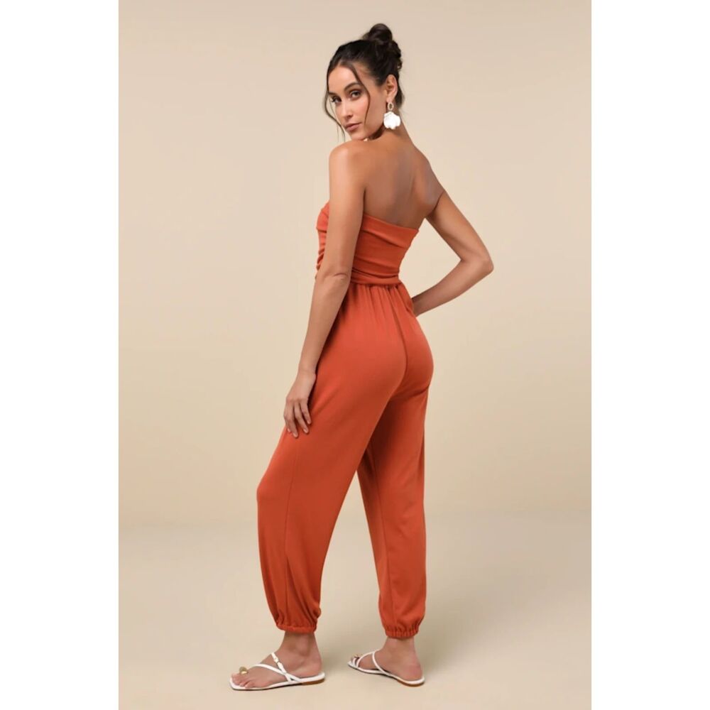 Comfort Burnt Orange Ruched Strapless Jogger Jumpsuit